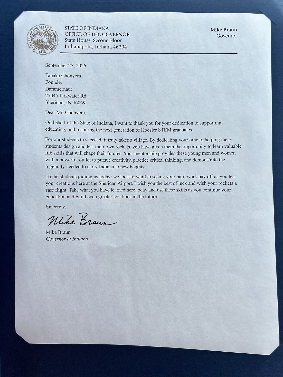 Letter of recognition from Indiana Governor Mike Braun to Tanaka Chonyera, Founder, Dreamernaut, dated September 25, 2026